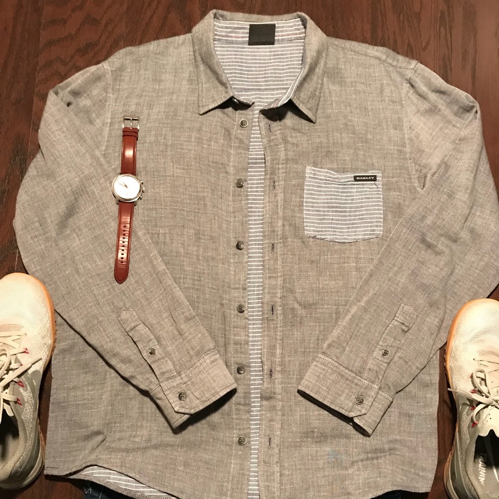 Oakley Grey Button Down w Stripped Pocket